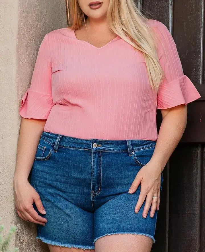 Peach Blossom Ruffled Half Sleeve V Neck Textured Plus Top