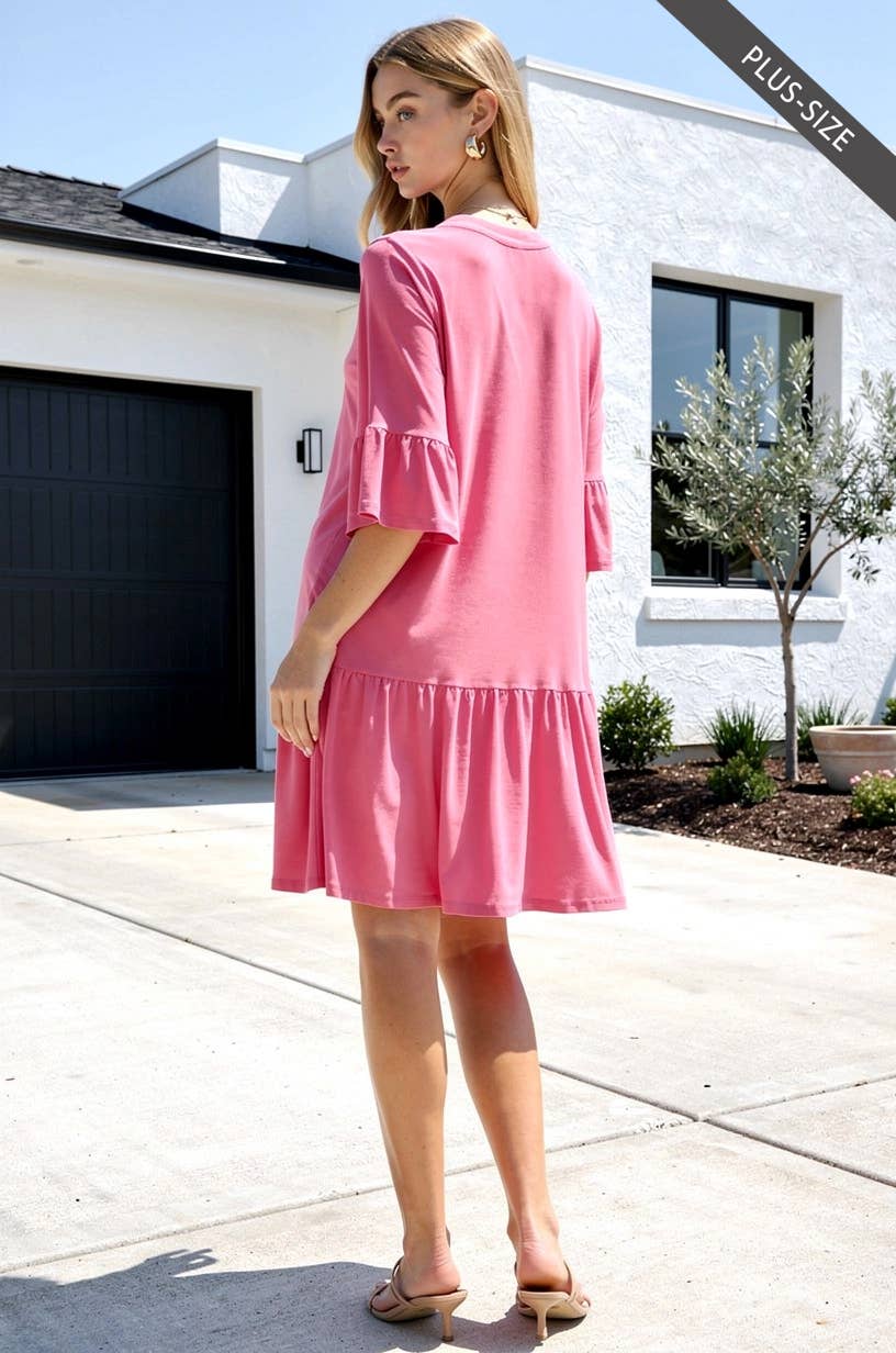 Wrinkle Free Shirred Tiered Relaxed 3/4 Sleeve Dress