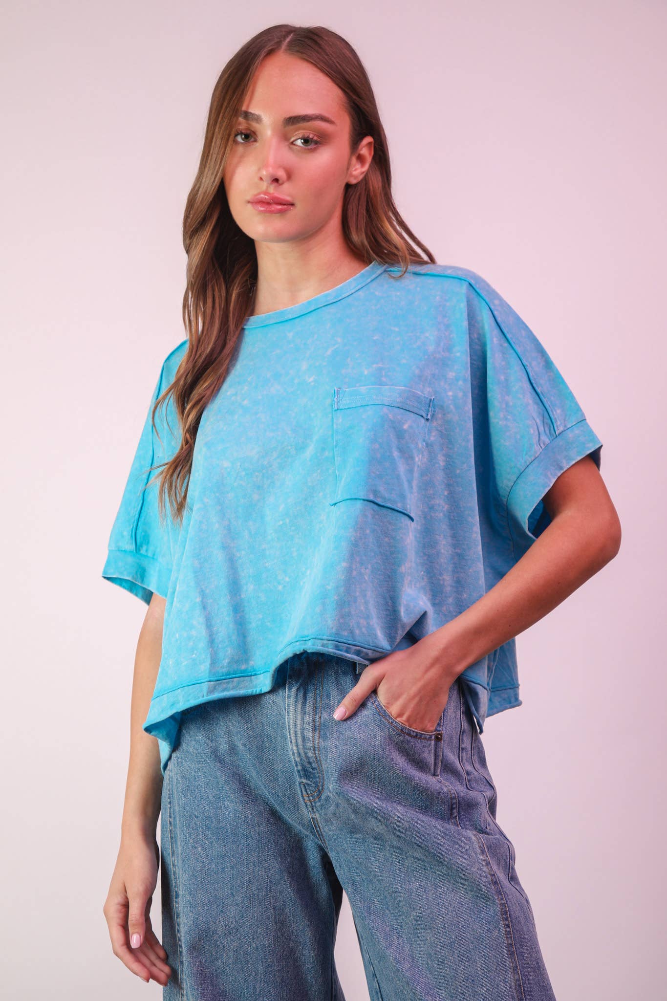 NT11429-Mineral Washed Oversized Crop Comfy Knit Top