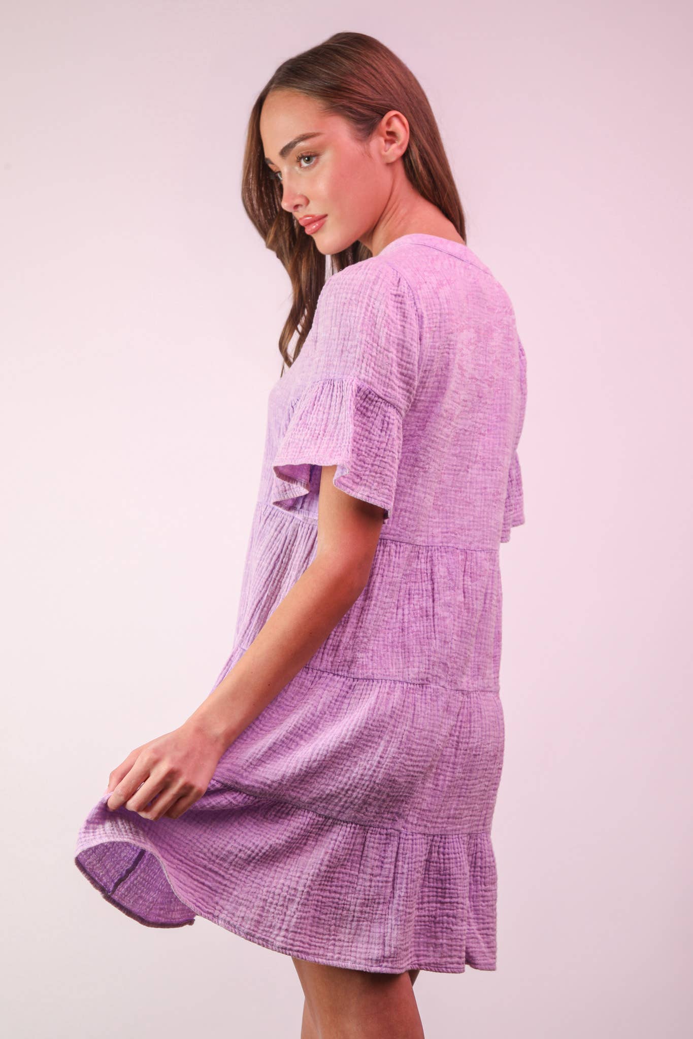 ND31579-Mineral Washed Baby Bell Sleeve Woven Mini Dress