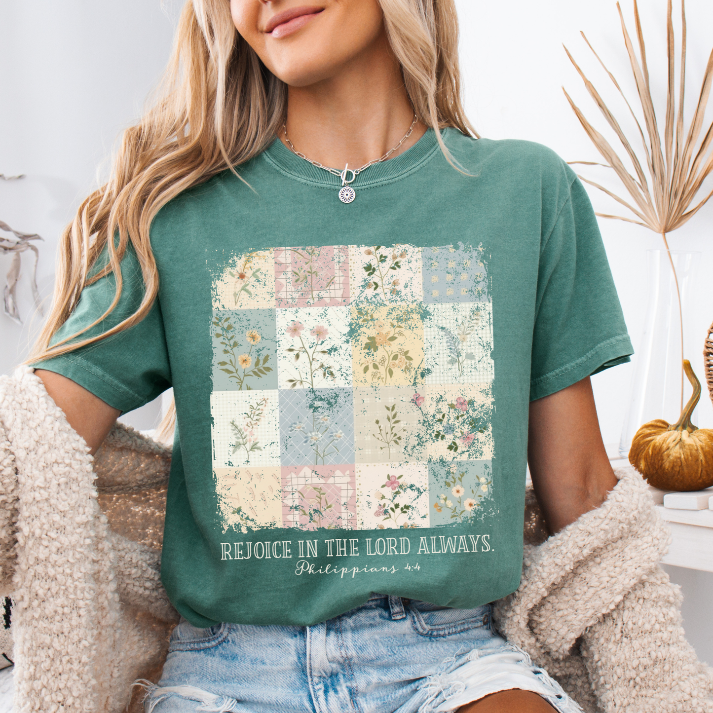 Rejoice In The Lord Always Vintage Floral Comfort Colors Tee