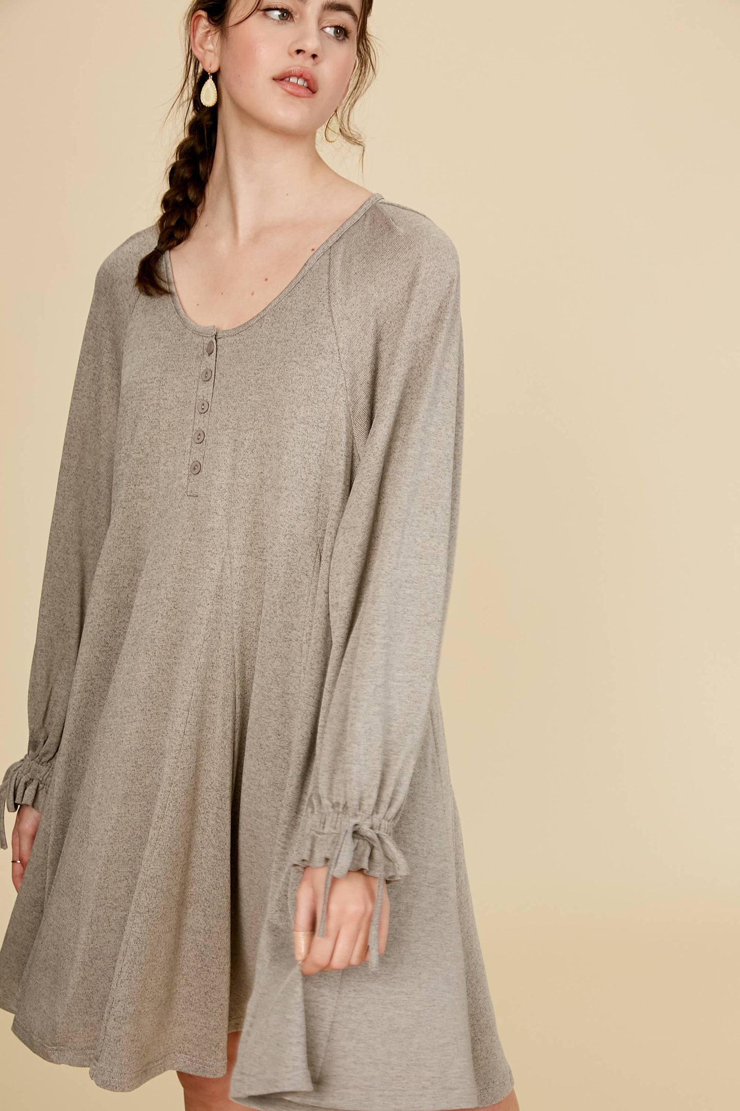 Drawstring Cuff Knit Babydoll Dress LD0804