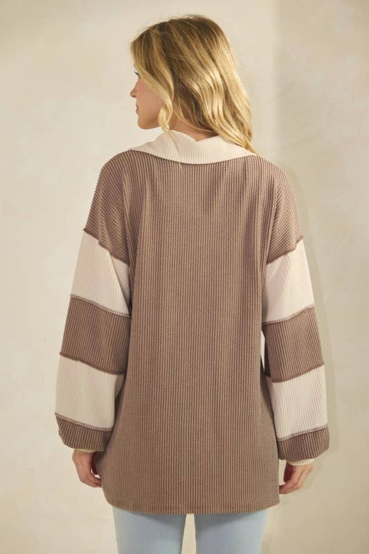 LONG SLEEVE MANDARIN COLLAR SOLID CONTRAST TOP