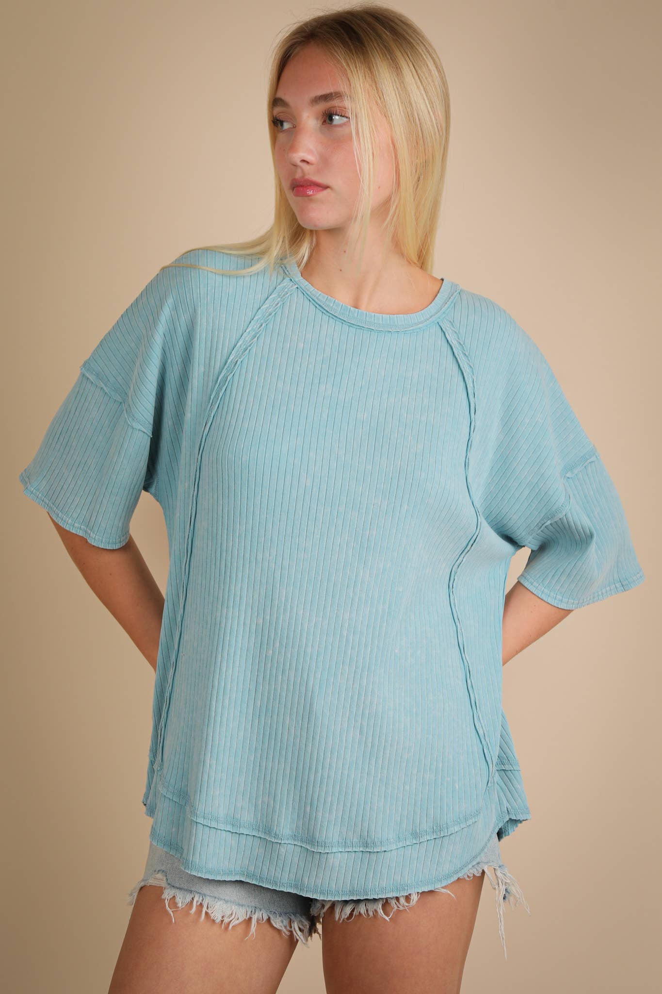 NT12086X-PLUS SIZE Mineral Washed Ribbed Knit Casual Top