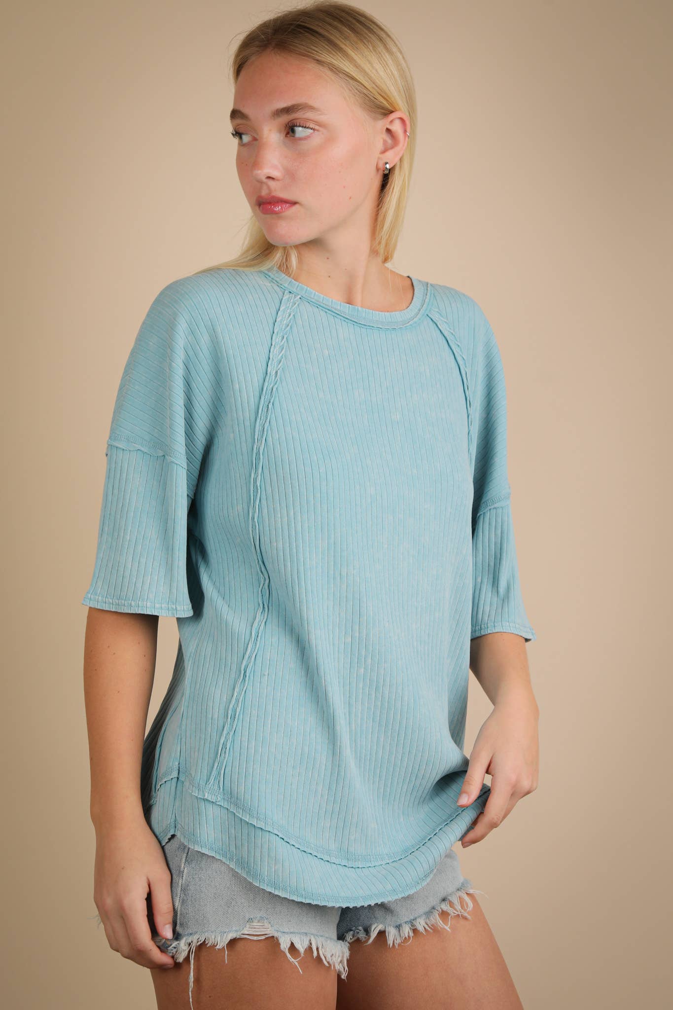 NT12086X-PLUS SIZE Mineral Washed Ribbed Knit Casual Top