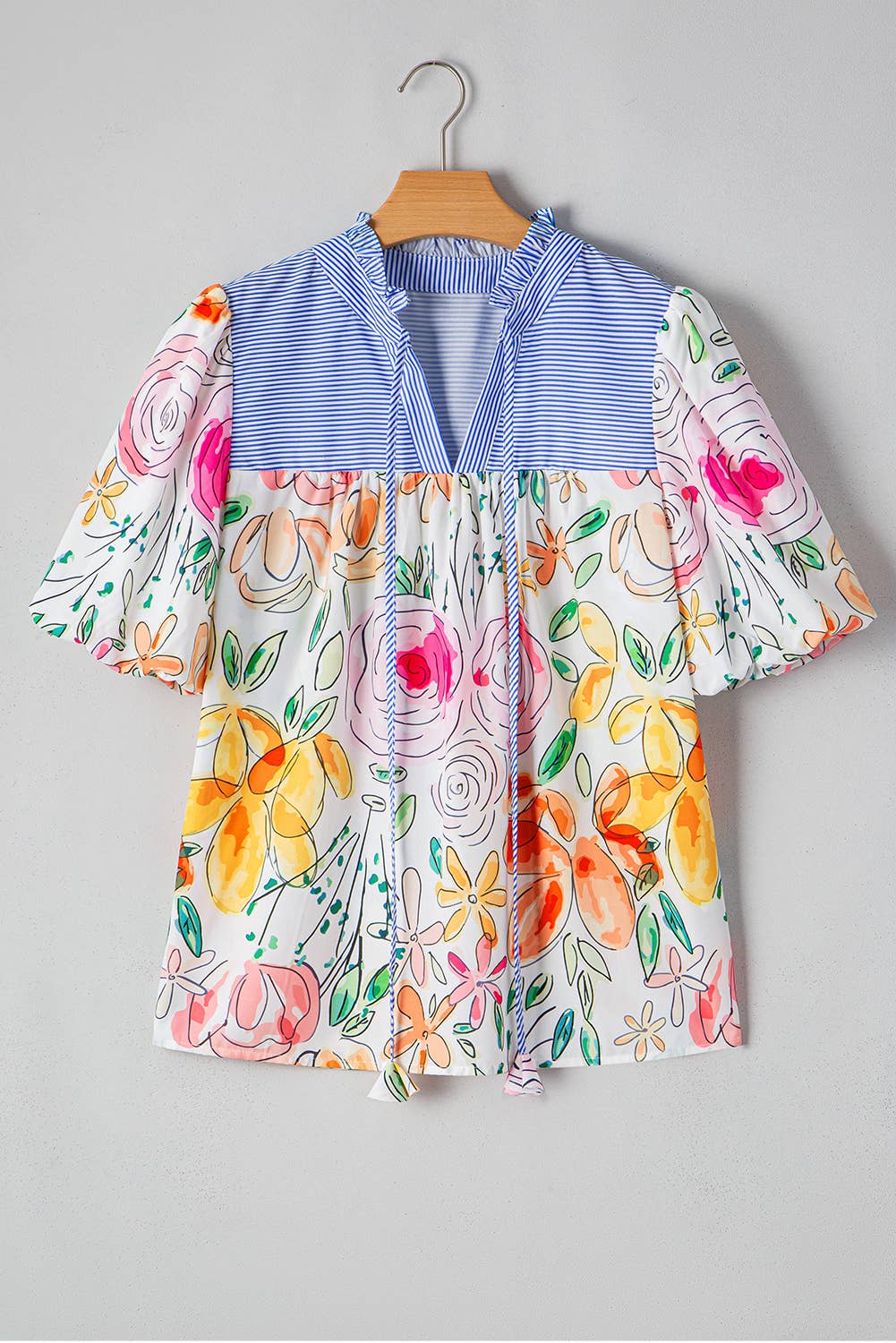 Chic Floral Print Striped Frilled Buff Sleeve Blouse | S-XL
