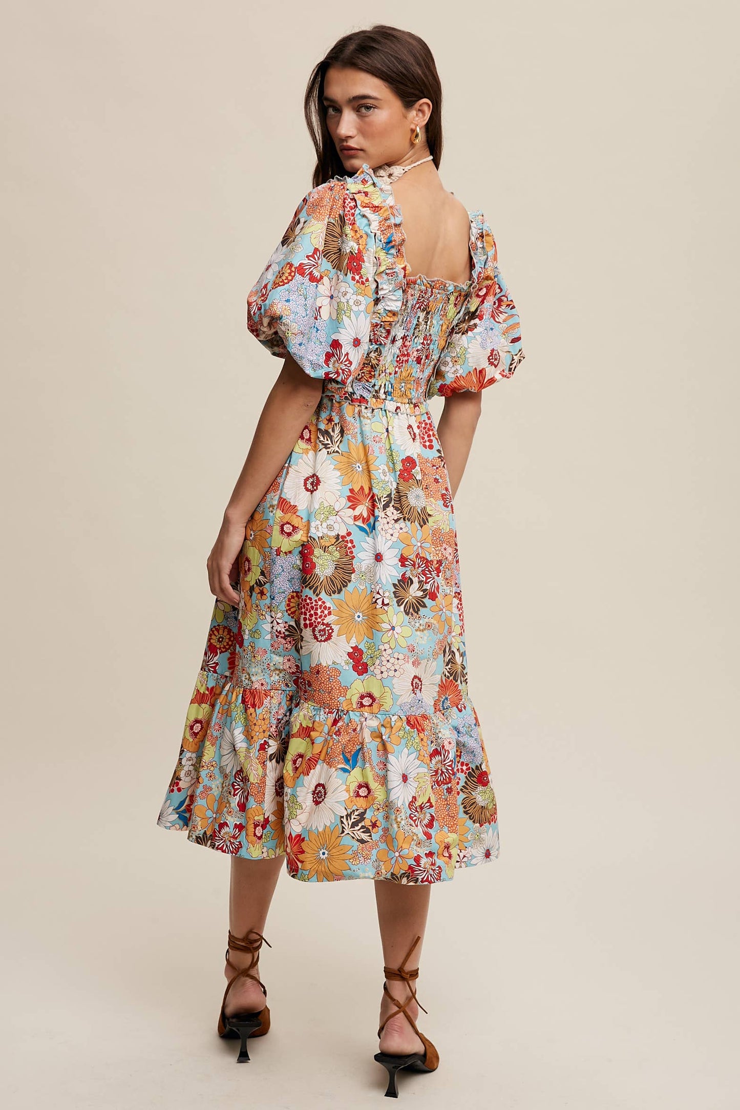 Vintage Flower Print Puff-Sleeve Midi Dress