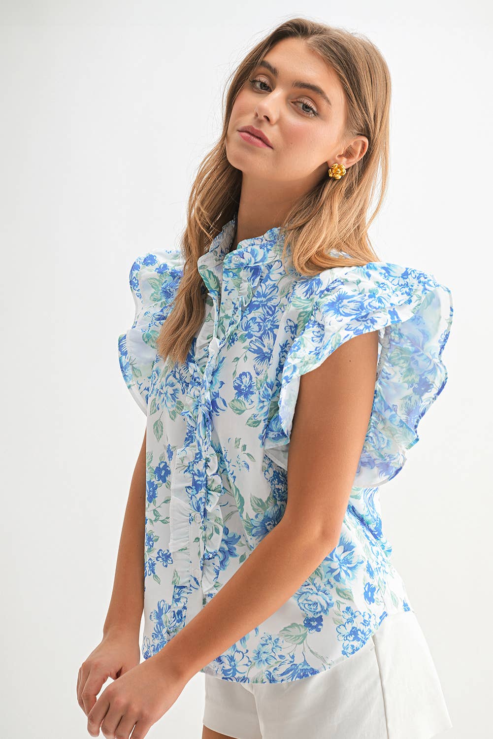 Chic Floral Print Ruffle Frilly Button Up Shirt | S-XL