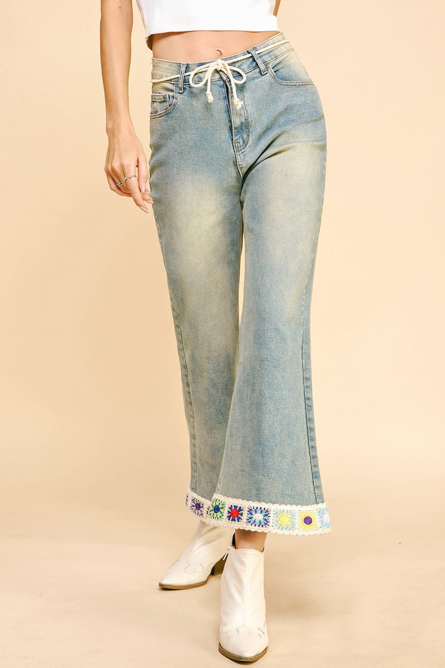 CROCHET TRIM STRAIGHT LEG DENIM JEANS