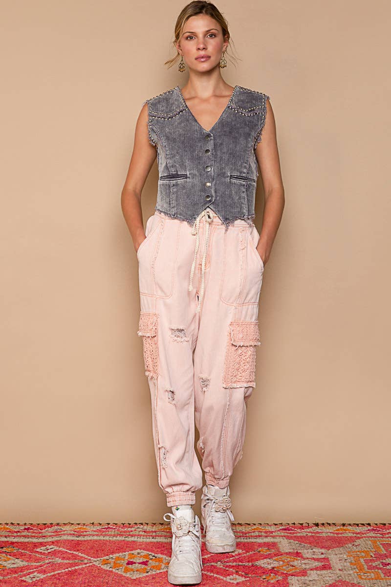 Tie waistband contrast crochet cargo pockets denim joggers