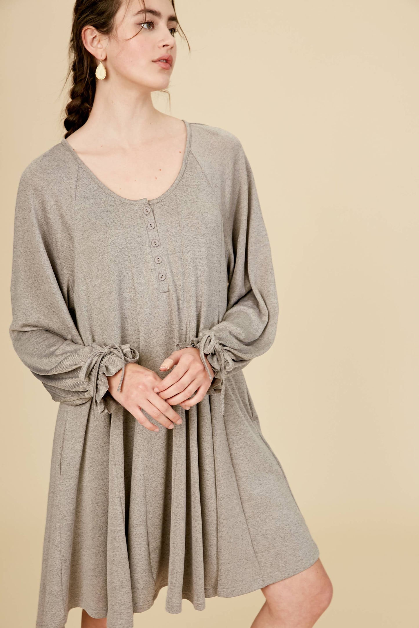 Drawstring Cuff Knit Babydoll Dress LD0804