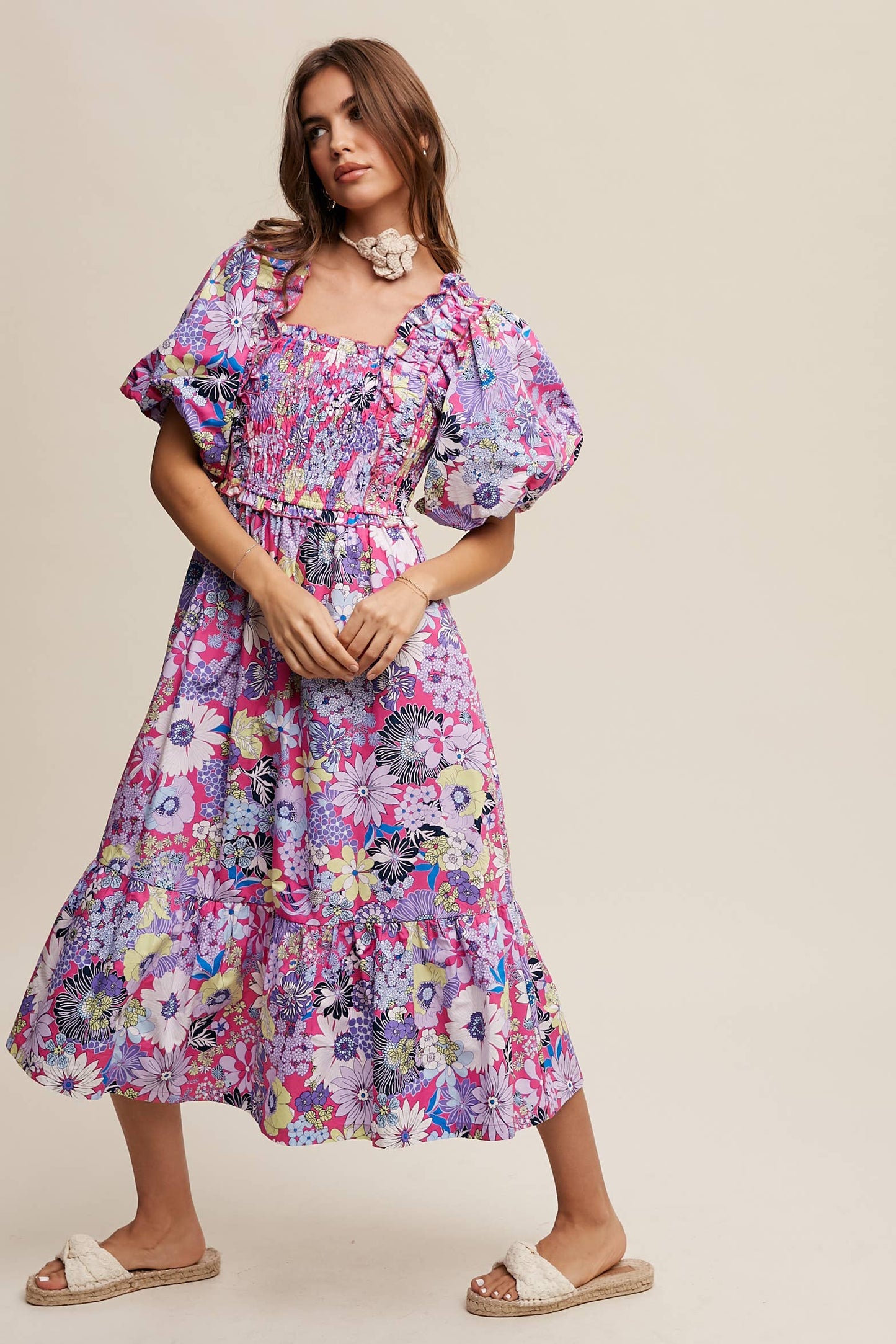 Vintage Flower Print Puff-Sleeve Midi Dress