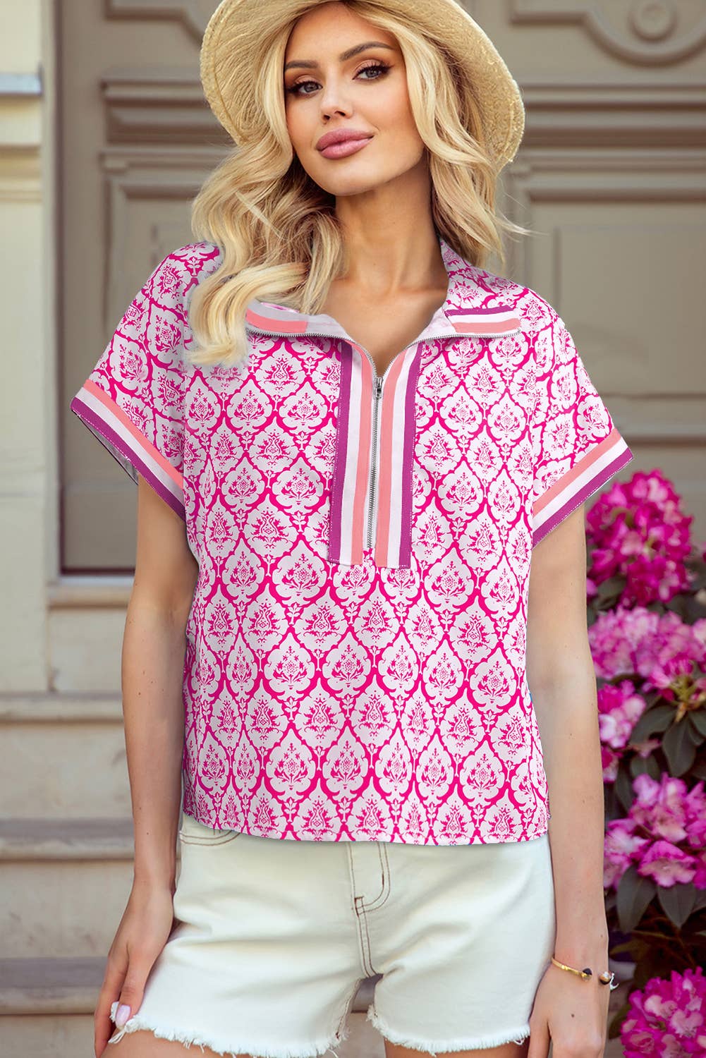 Abstract Zip Neck Contrast Short Sleeve Casual Blouse