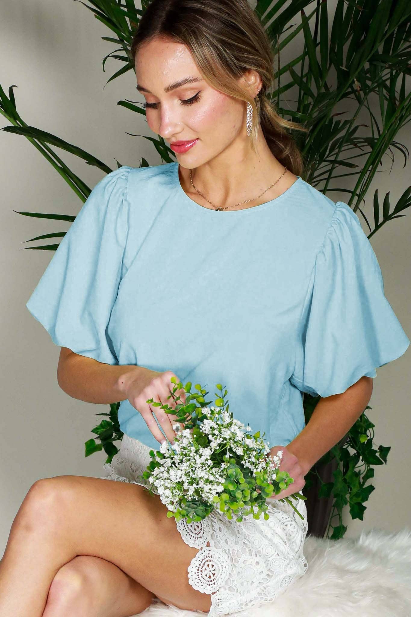 Round Neck Short Bubble Sleeve Woven Blouse Top VT81715B