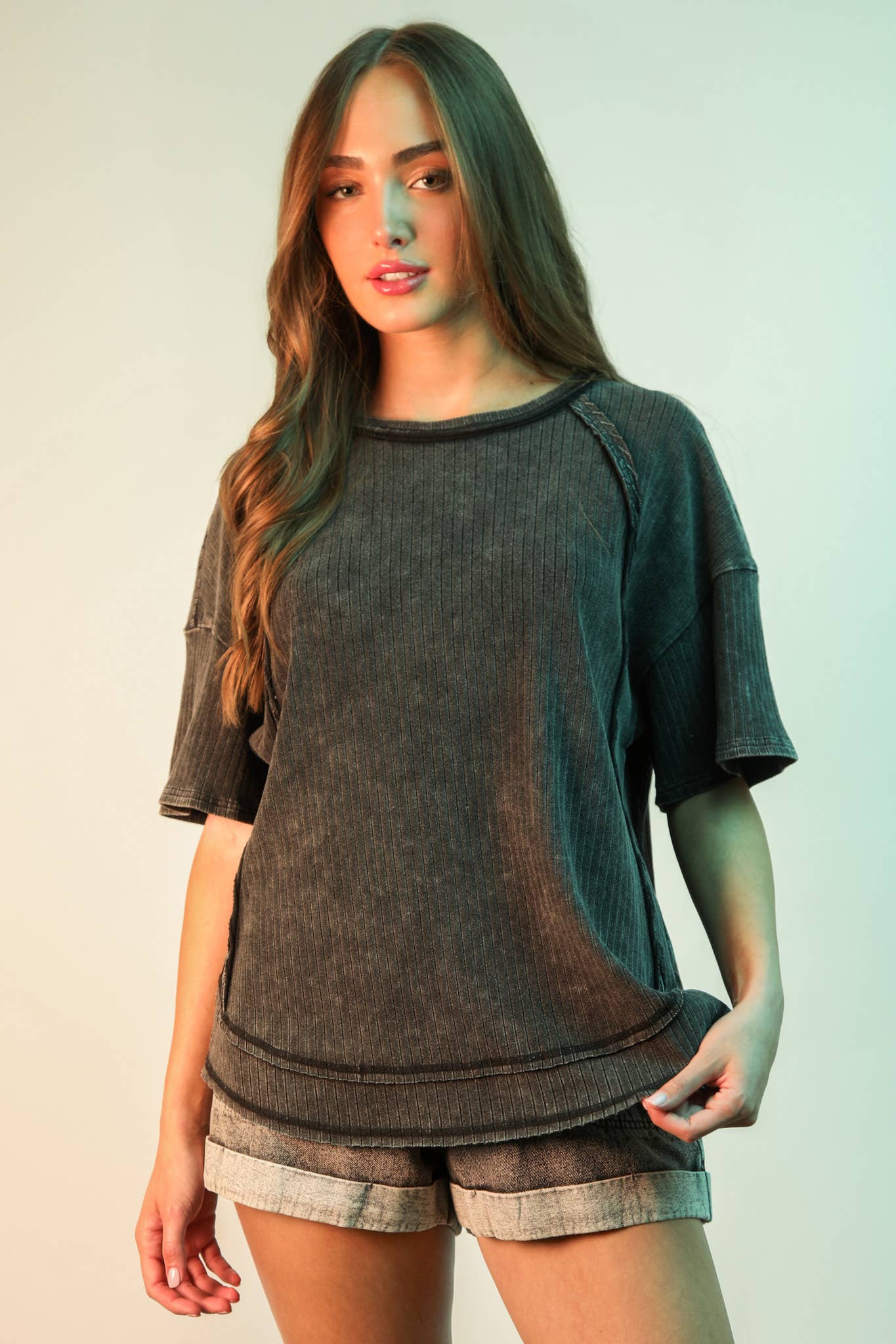 NT12086X-PLUS SIZE Mineral Washed Ribbed Knit Casual Top