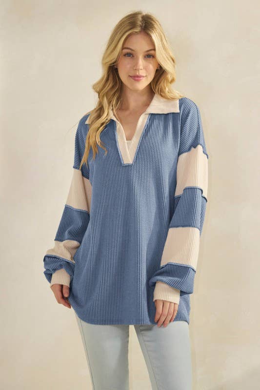 LONG SLEEVE MANDARIN COLLAR SOLID CONTRAST TOP