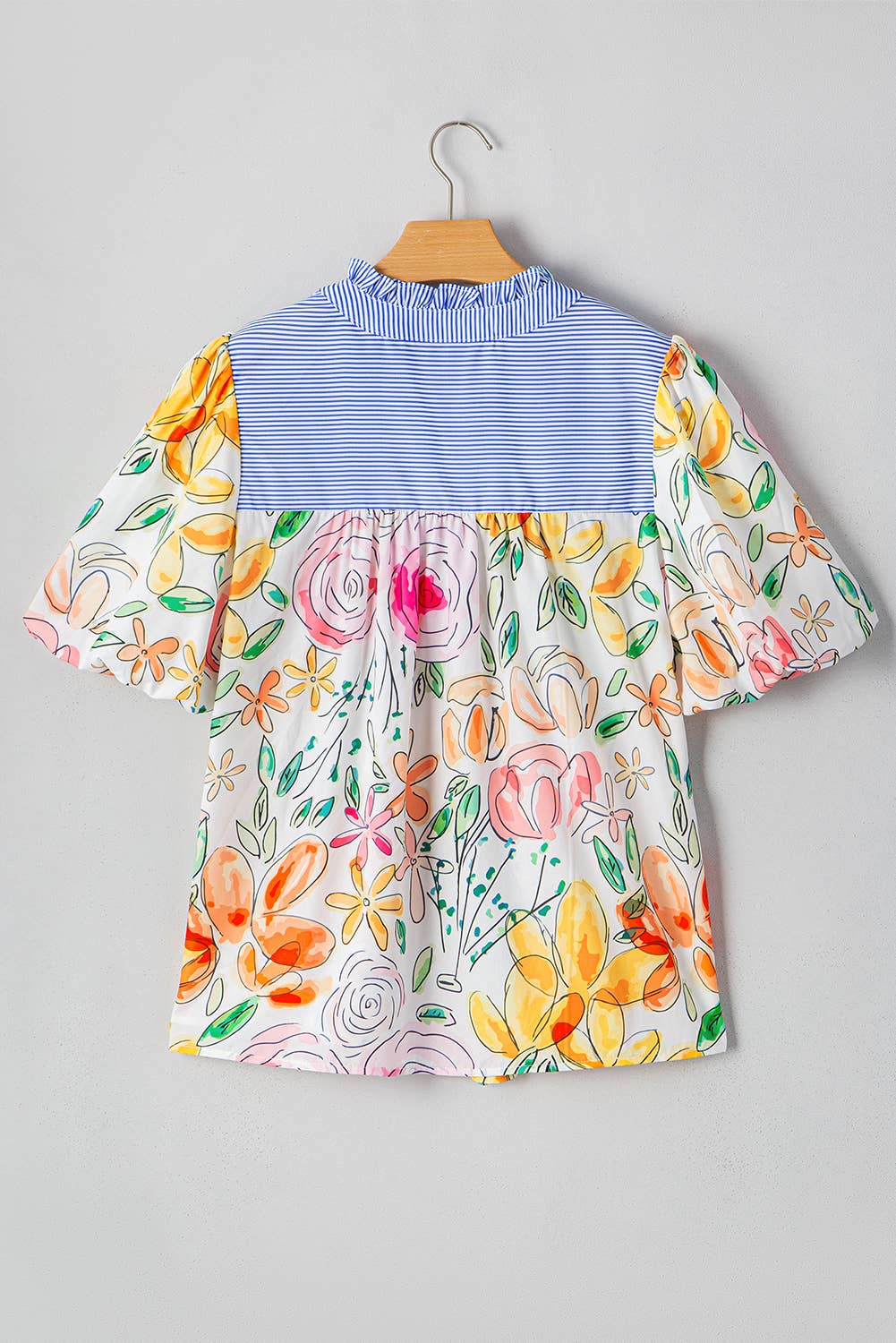 Chic Floral Print Striped Frilled Buff Sleeve Blouse | S-XL