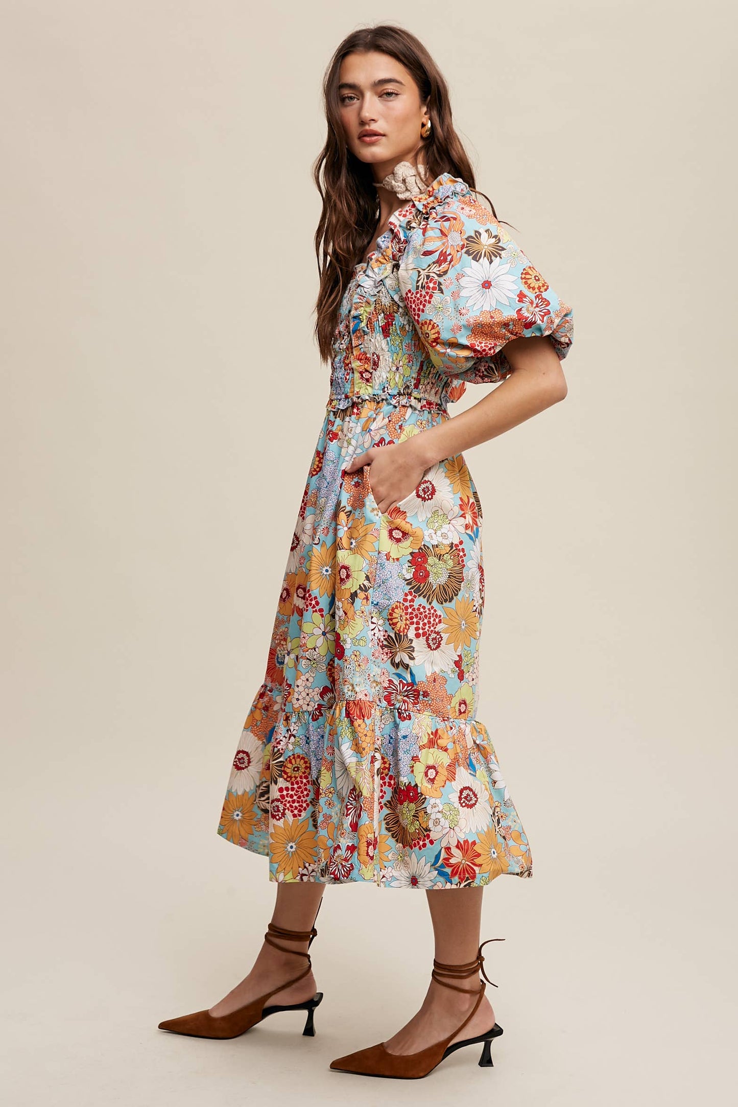 Vintage Flower Print Puff-Sleeve Midi Dress