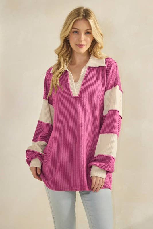 LONG SLEEVE MANDARIN COLLAR SOLID CONTRAST TOP