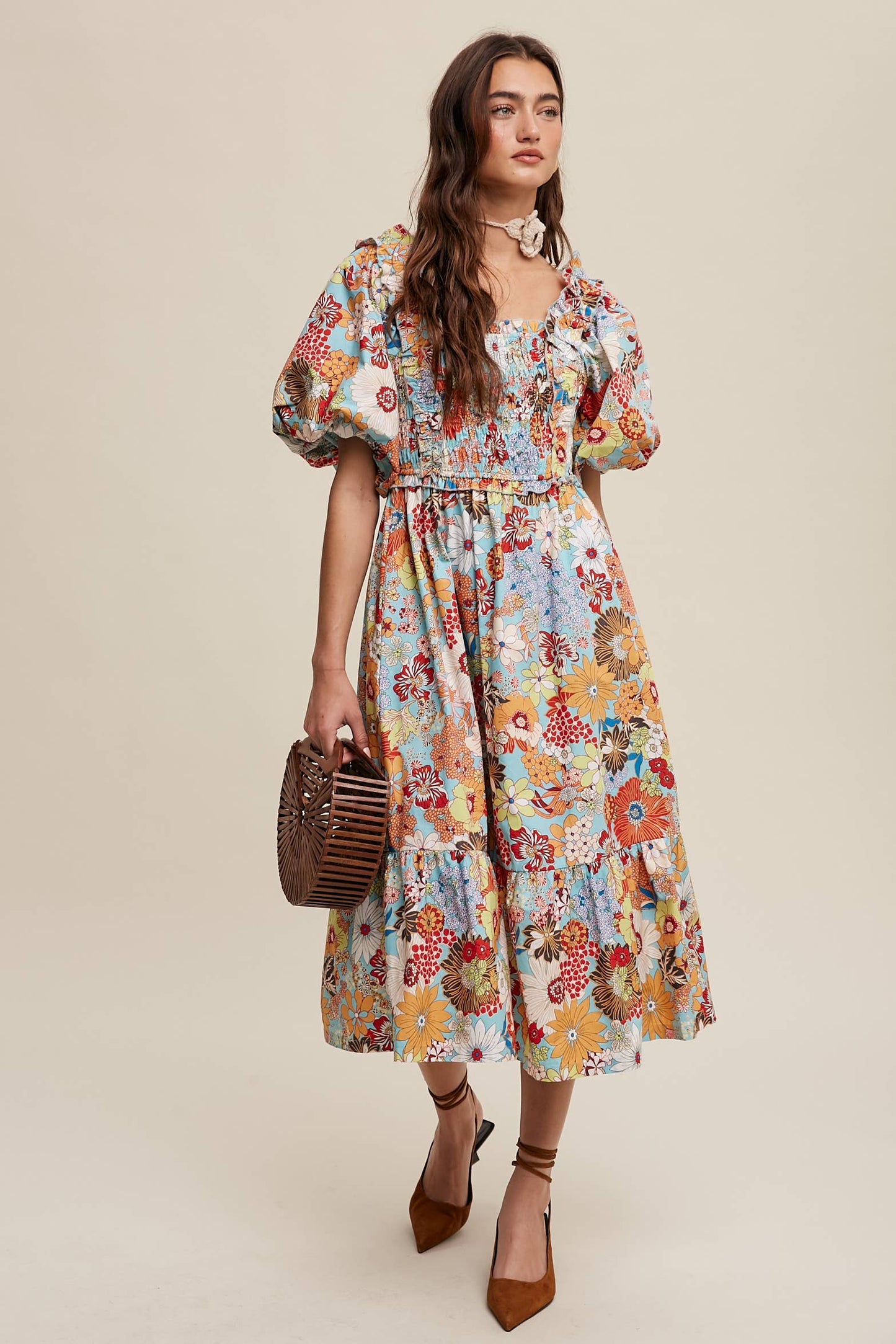Vintage Flower Print Puff-Sleeve Midi Dress
