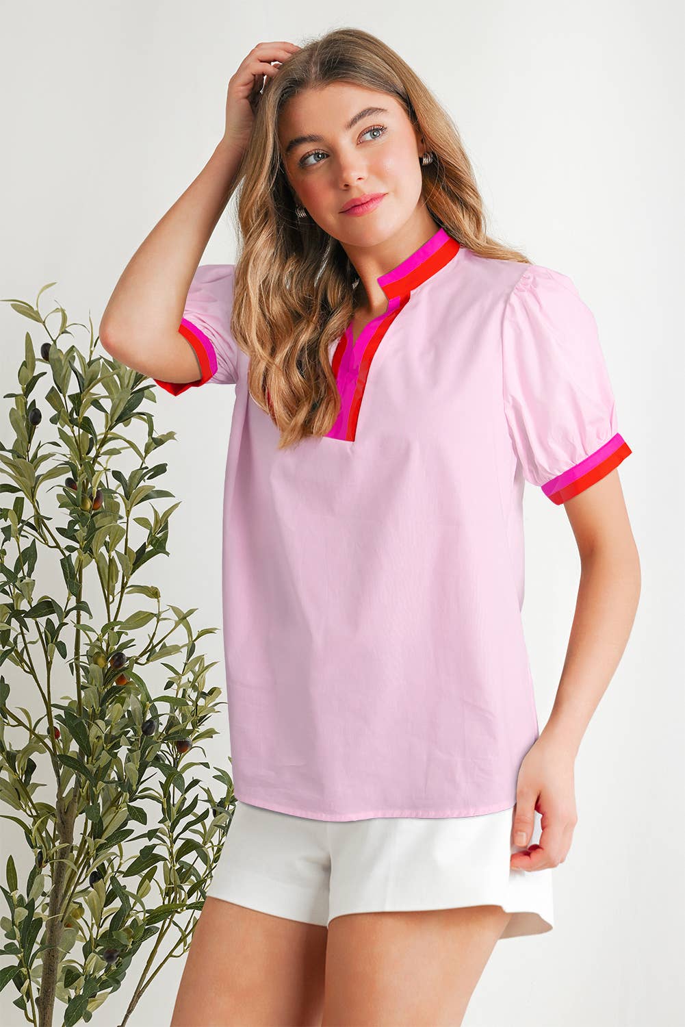 Colorblock Shift Short Sleeve V-neck blouse | S-XL