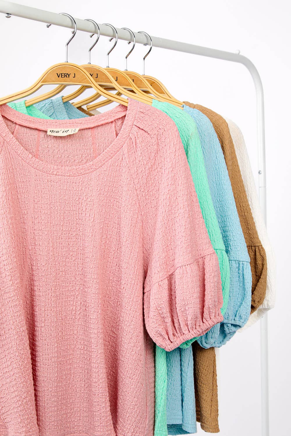 NT11467-Half Puff Sleeve Crinkle Knit Top