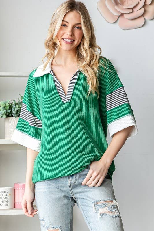 BASIC COLLAR URBAN RIBBED CONTRAST TOP