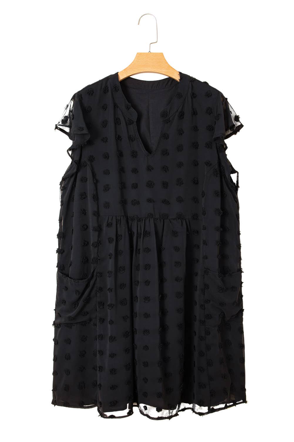 Navy Blue Dotty Textured Notched Neck Plus Ruffled Dress