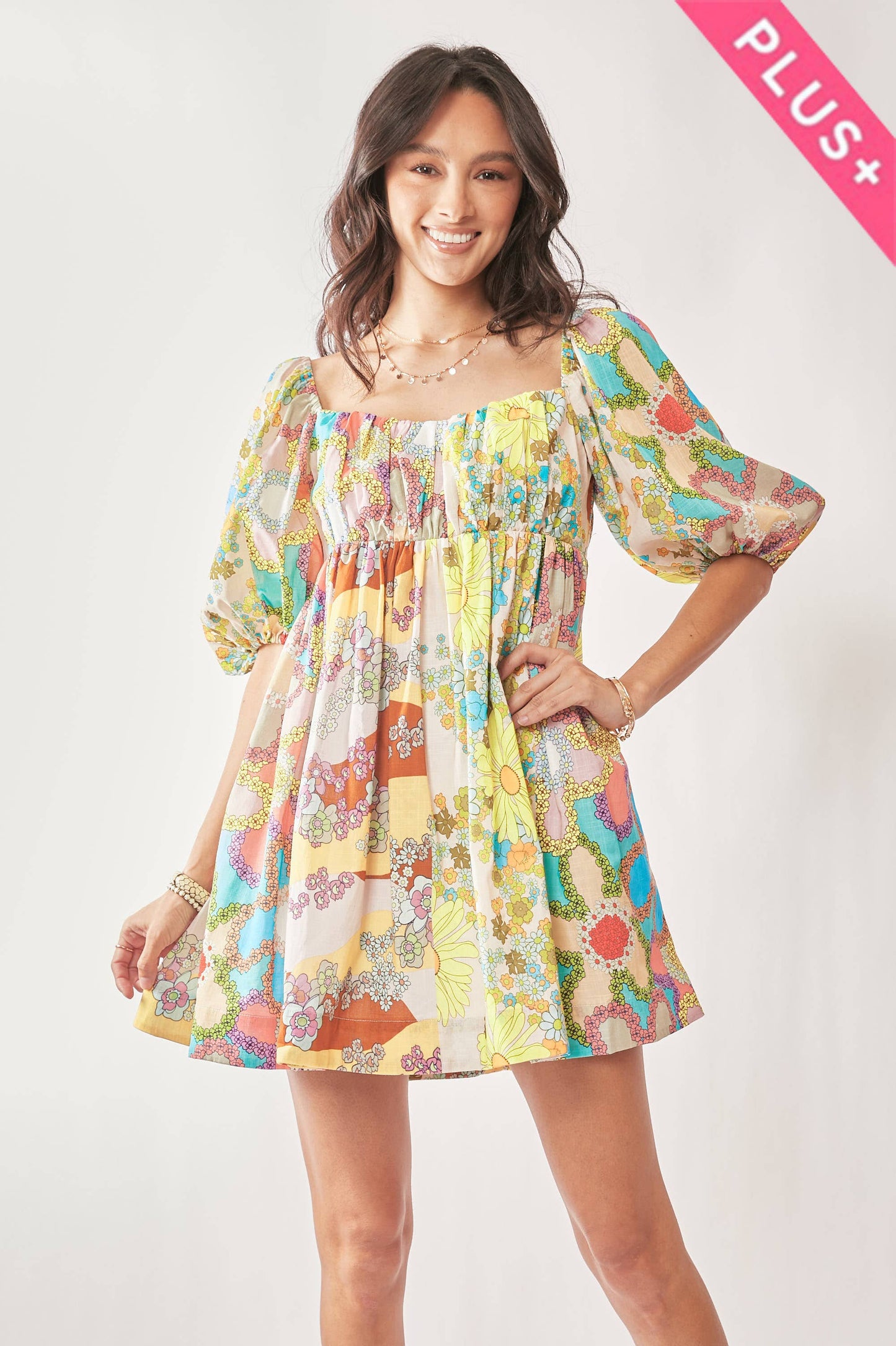 PLUS FLORAL PUFF SHORT SLEEVE BABYDOLL MINI DRESS