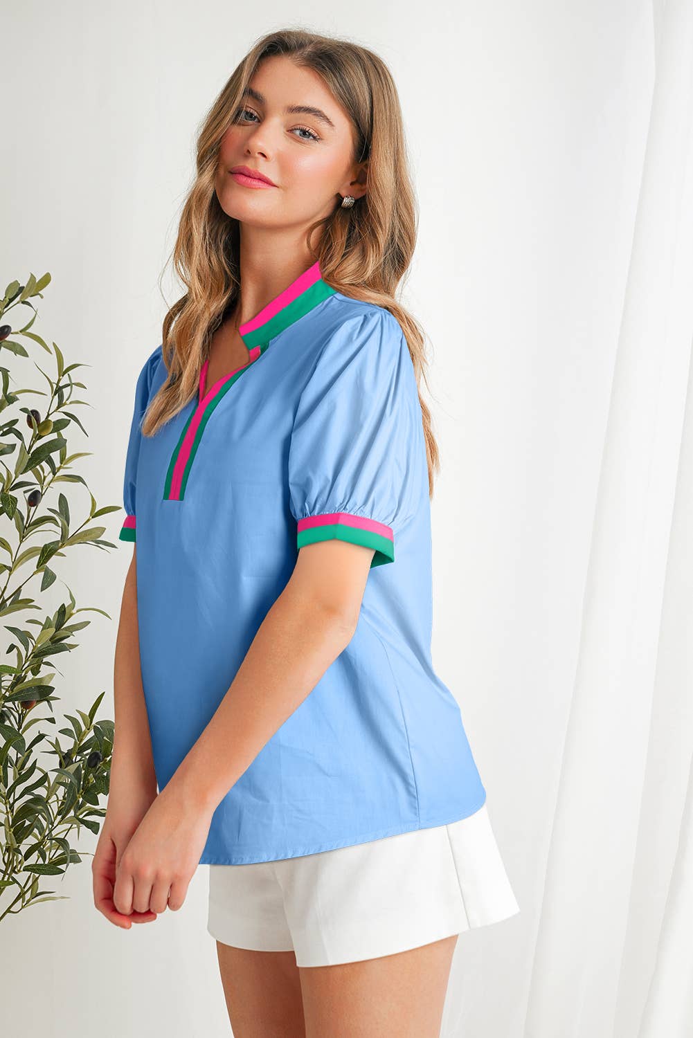 Colorblock Shift Short Sleeve V-neck blouse | S-XL