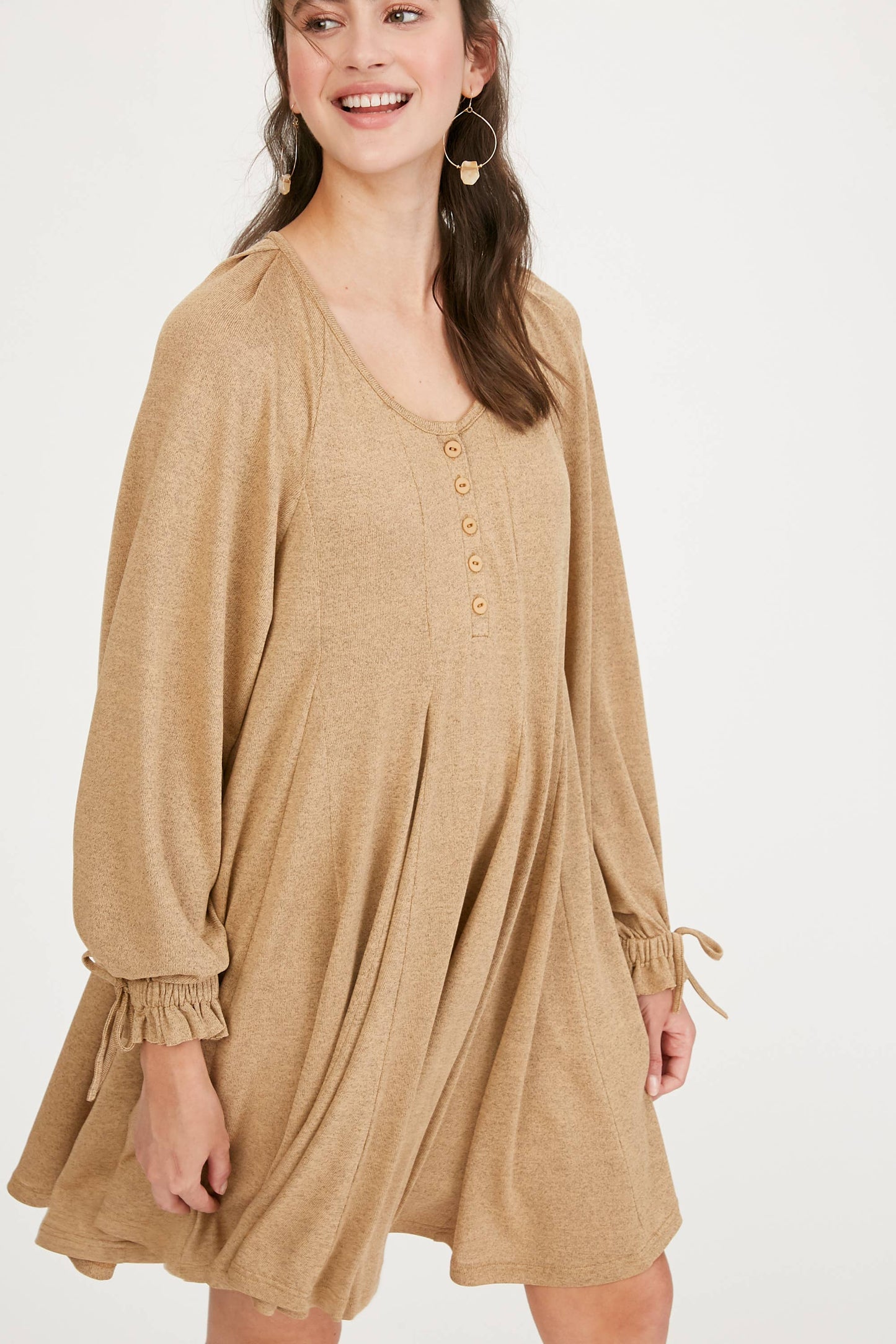 Drawstring Cuff Knit Babydoll Dress LD0804