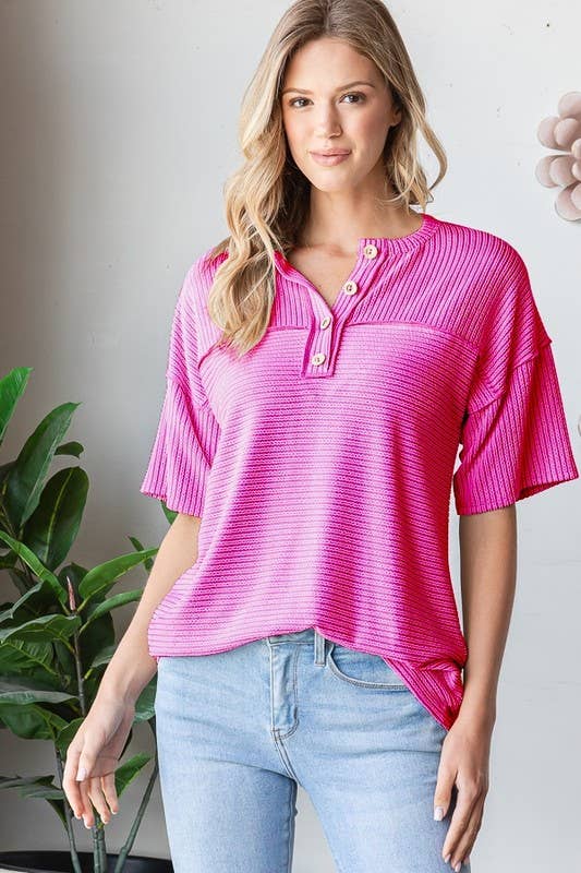 SHORT SLEEVE 2 TONE URBAN RIB BUTTON UP TOP