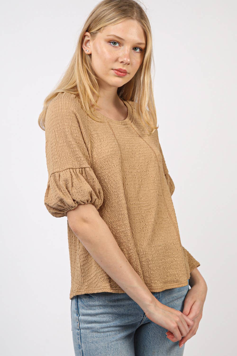NT11467-Half Puff Sleeve Crinkle Knit Top