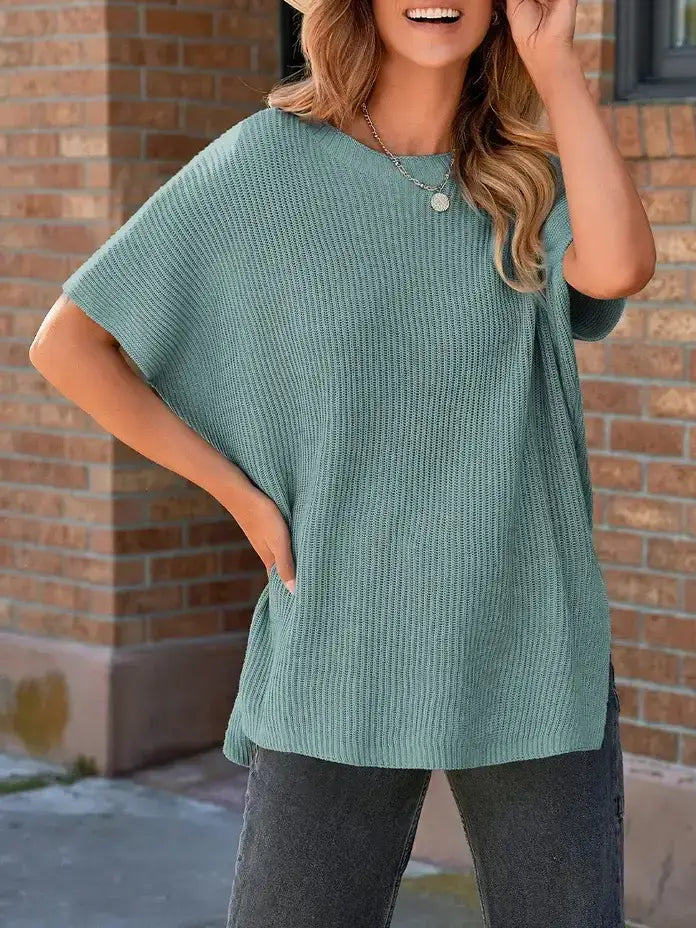 Gray Short Sleeve Side Slit Oversized Sweater