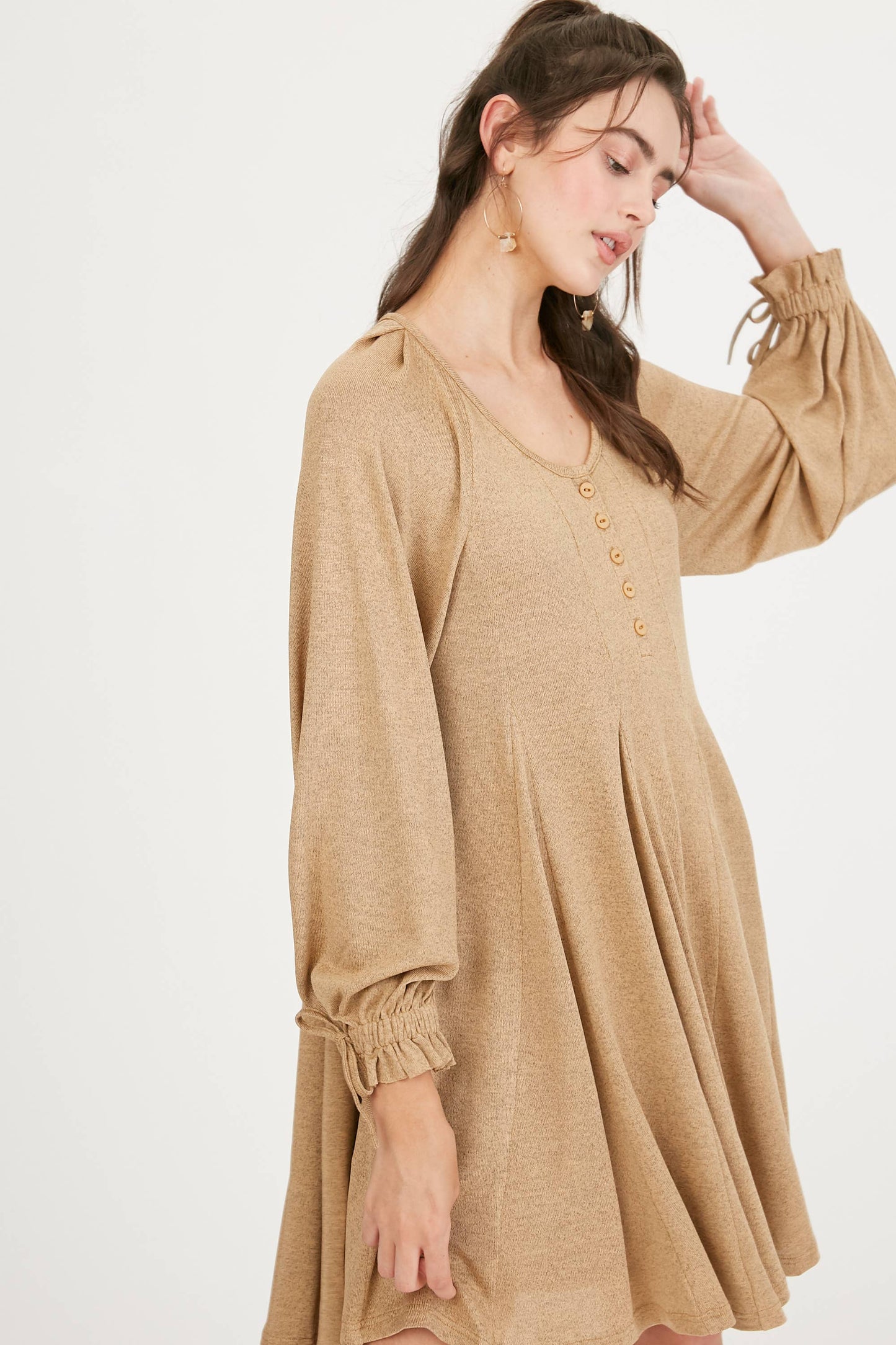 Drawstring Cuff Knit Babydoll Dress LD0804