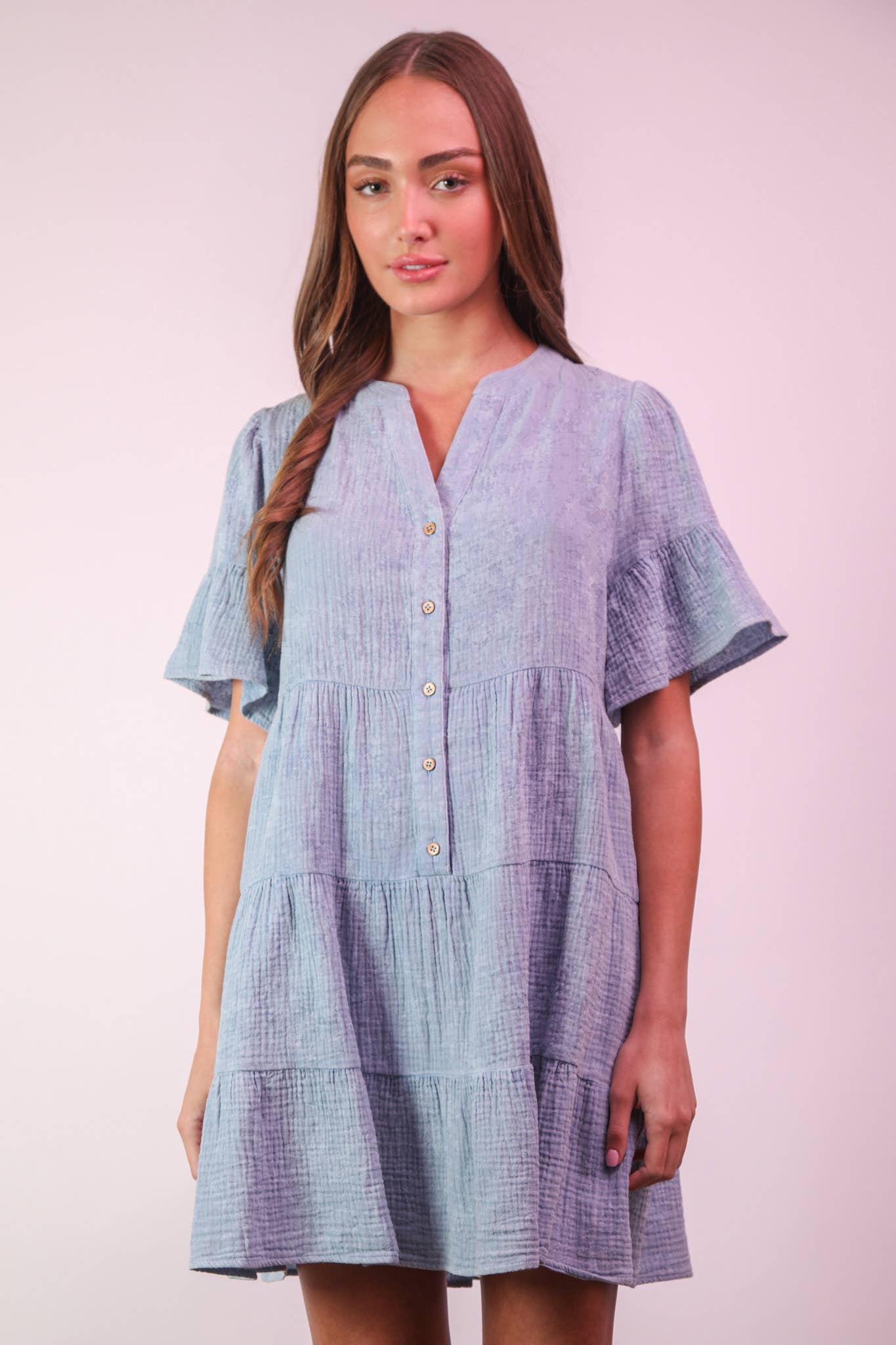 ND31579-Mineral Washed Baby Bell Sleeve Woven Mini Dress
