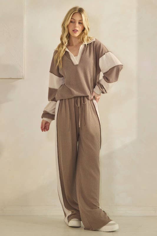 LONG SLEEVE MANDARIN COLLAR SOLID CONTRAST TOP