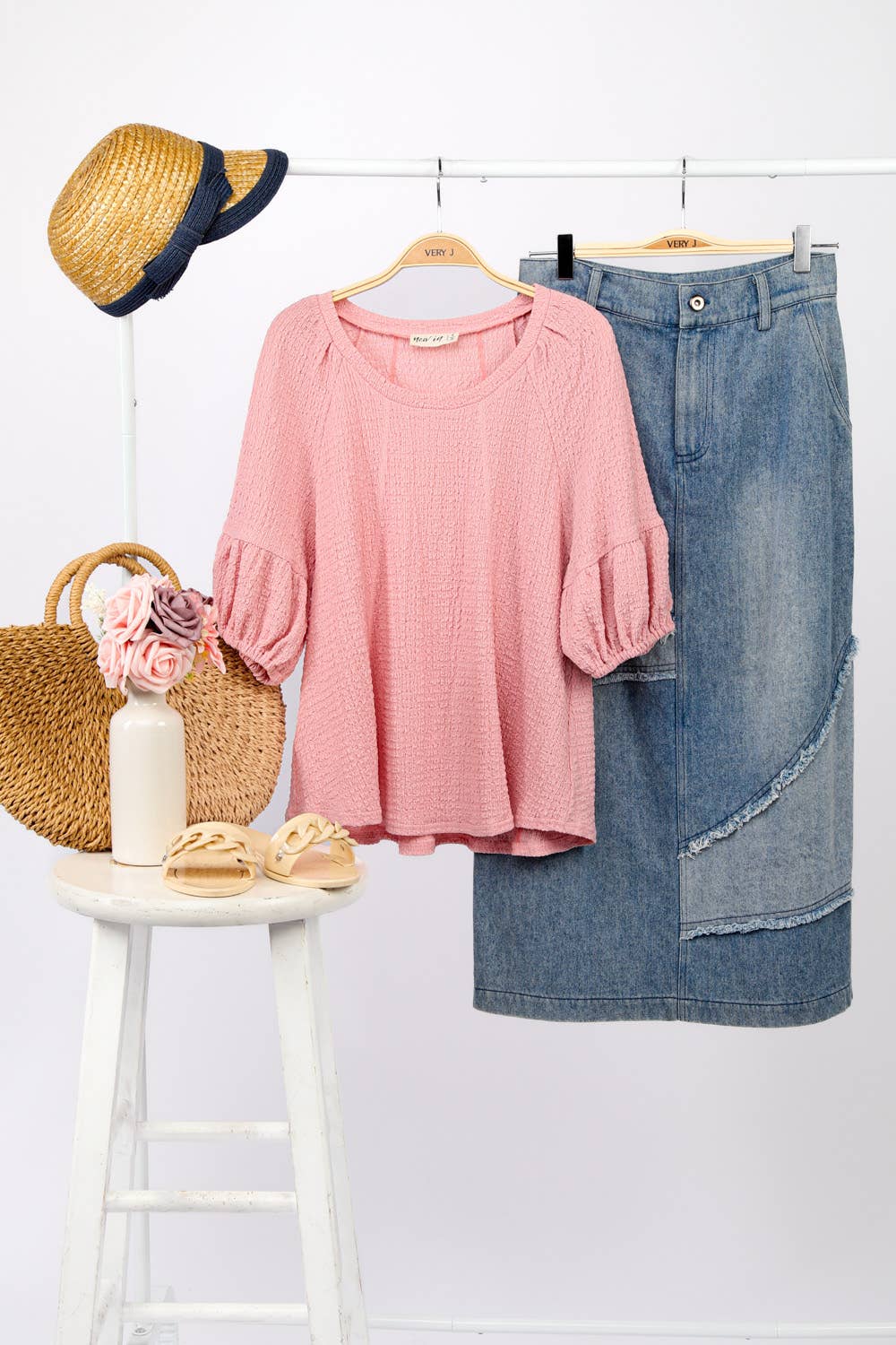 NT11467-Half Puff Sleeve Crinkle Knit Top