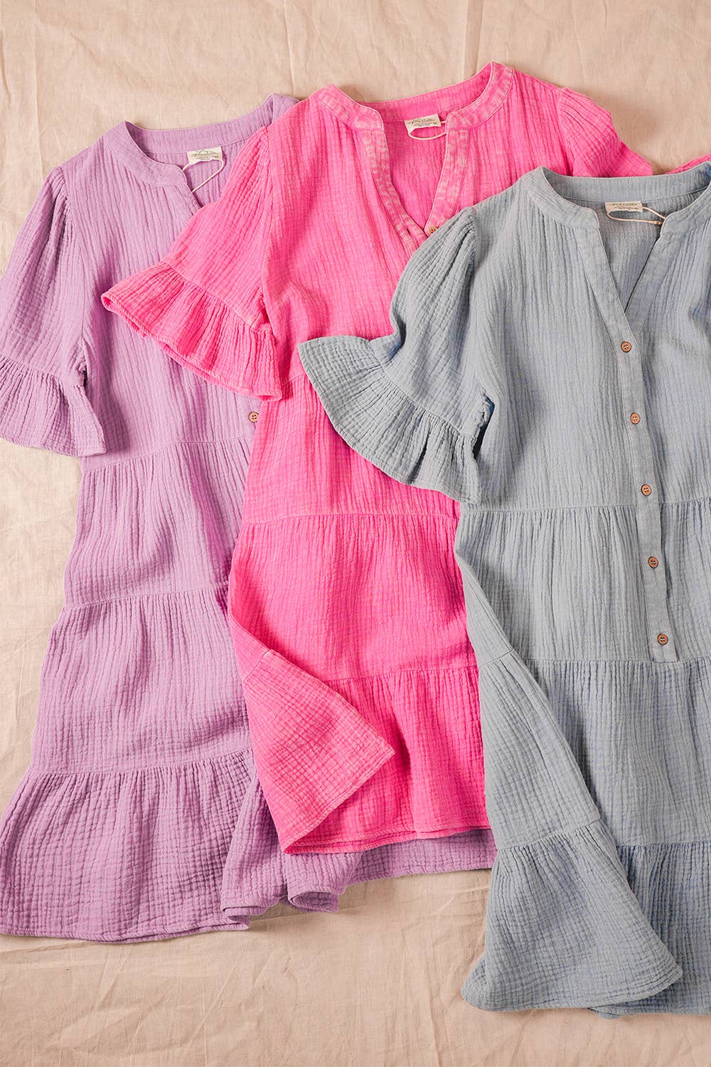 ND31579-Mineral Washed Baby Bell Sleeve Woven Mini Dress