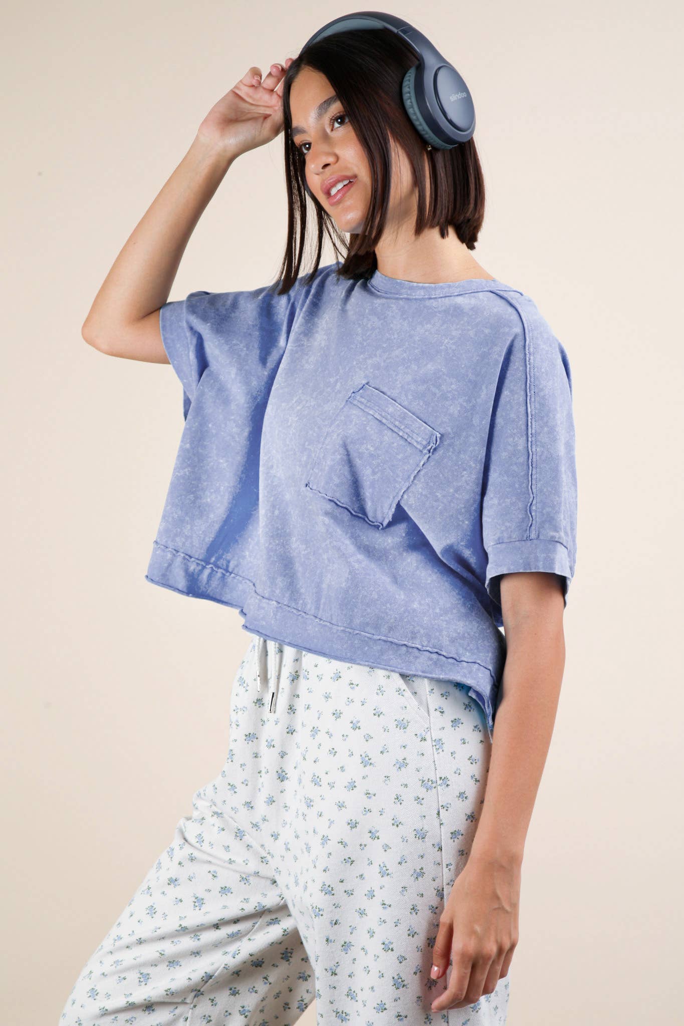 NT11429-Mineral Washed Oversized Crop Comfy Knit Top