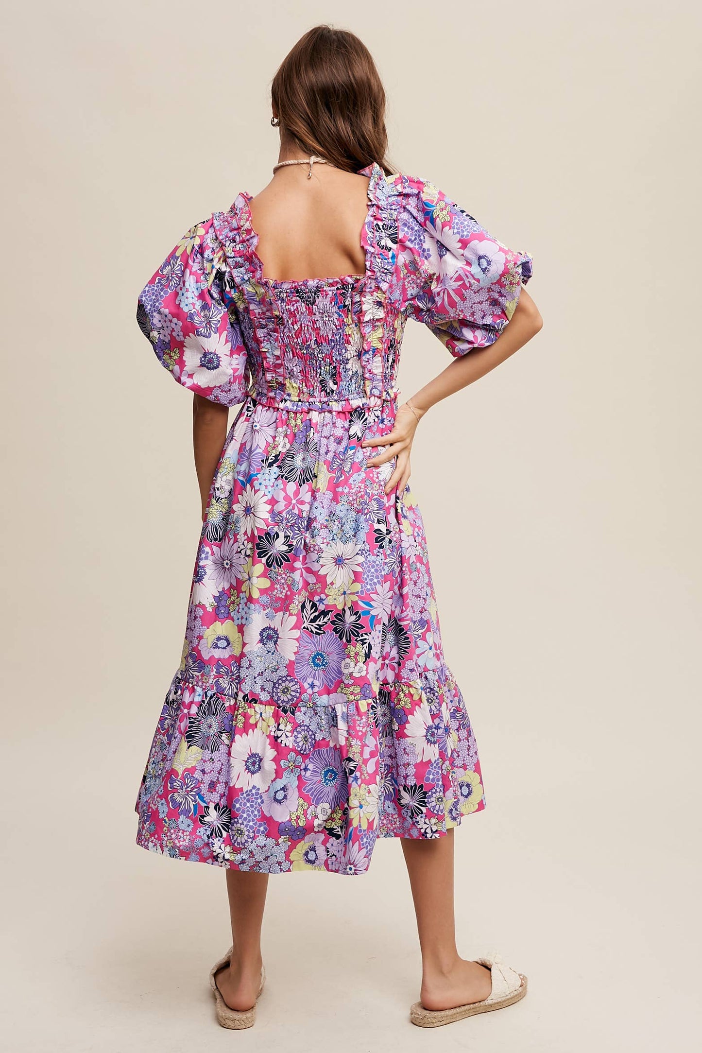Vintage Flower Print Puff-Sleeve Midi Dress