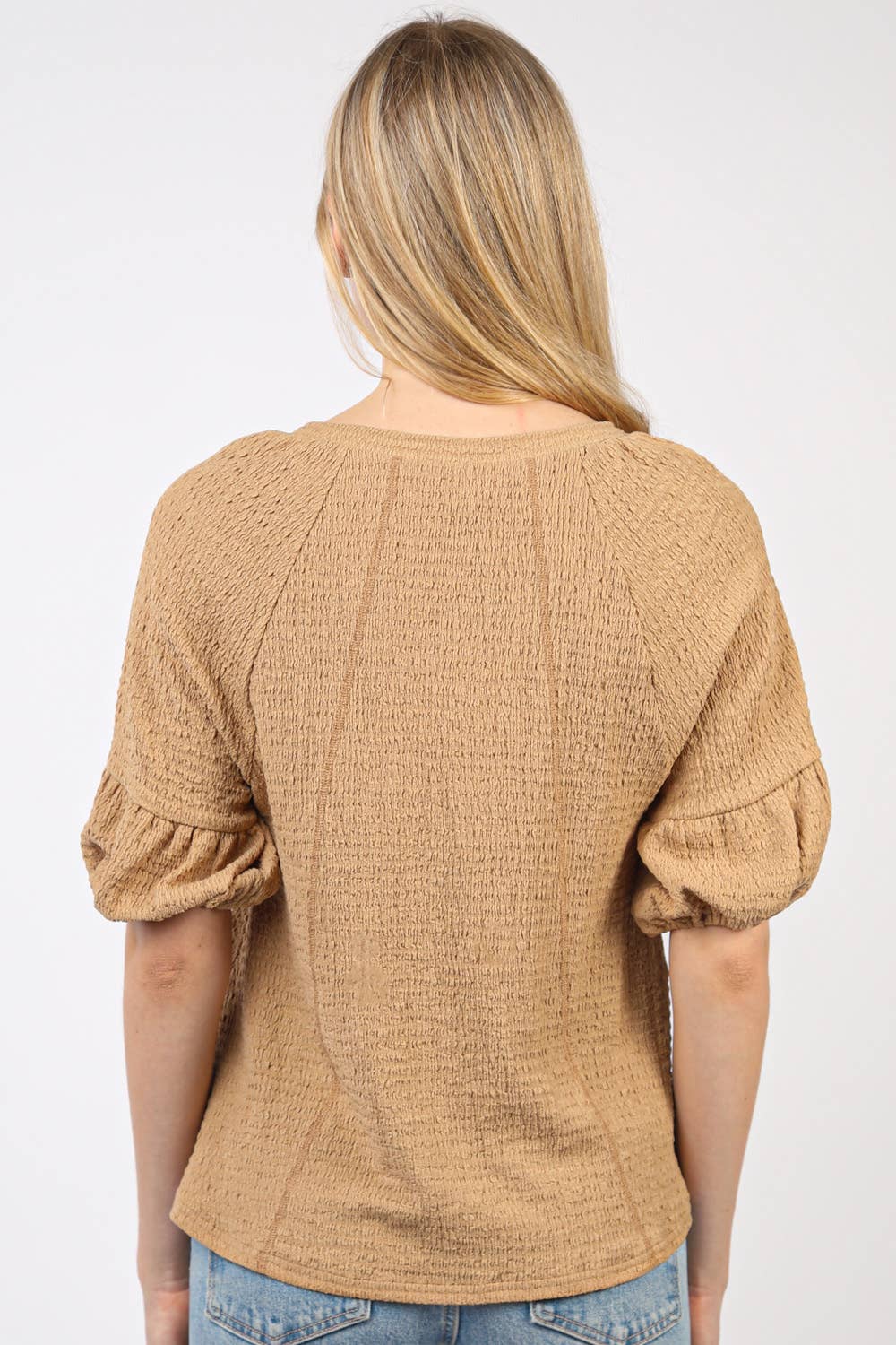 NT11467-Half Puff Sleeve Crinkle Knit Top