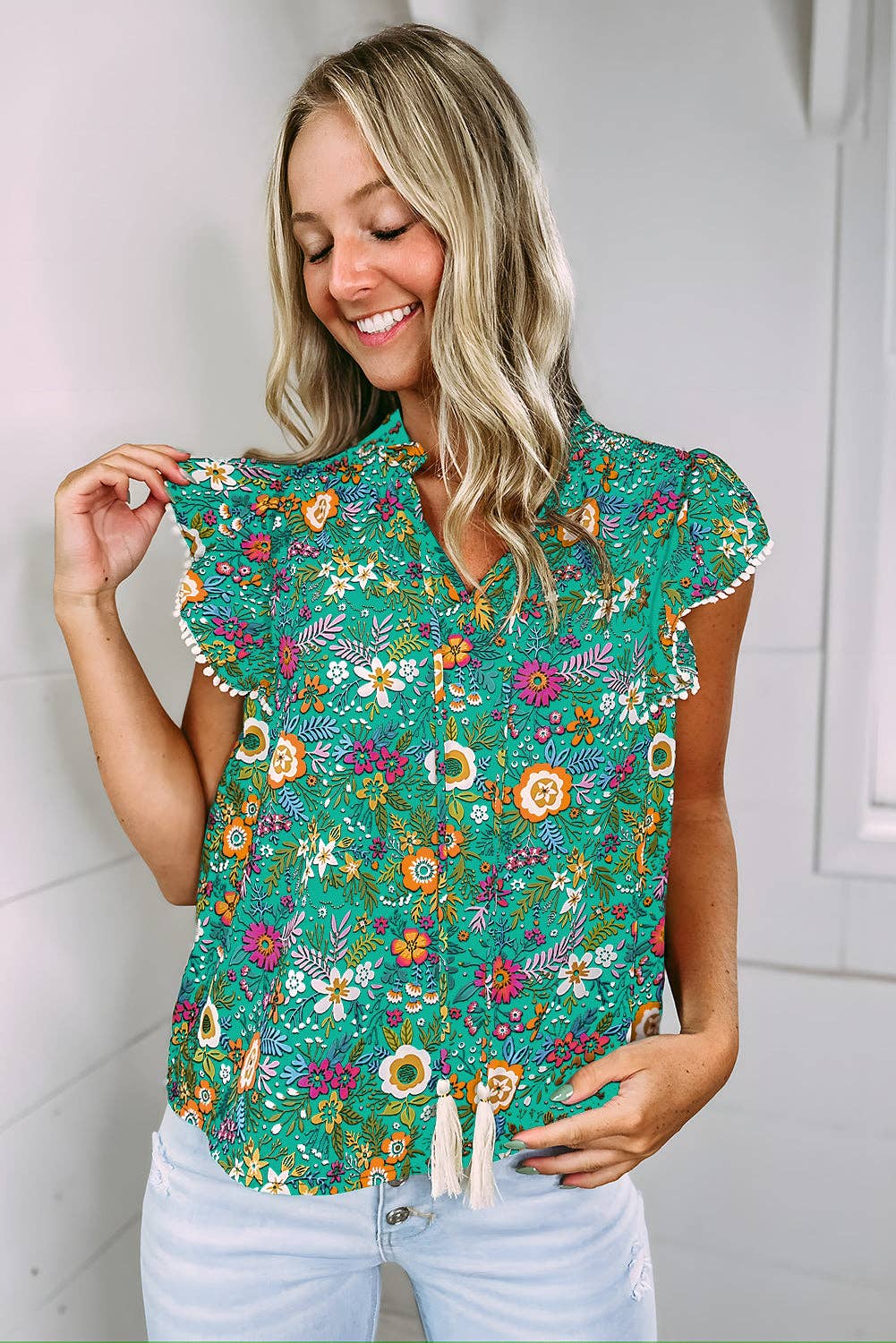 Women's Lace Trim Flutter Sleeve Tropical Floral Blouse