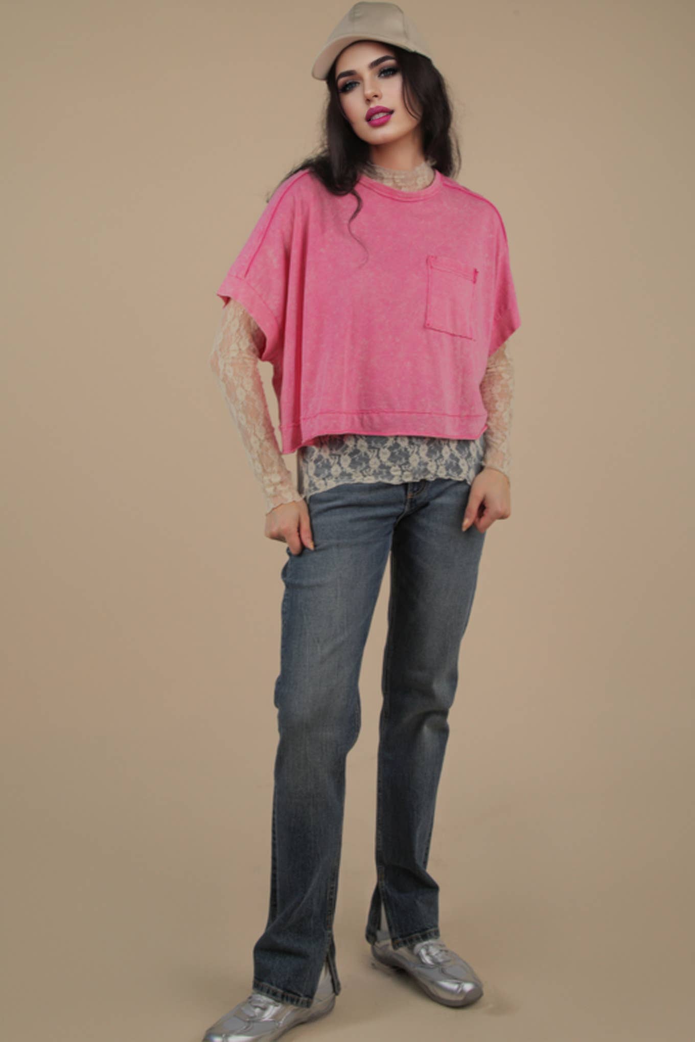 NT11429-Mineral Washed Oversized Crop Comfy Knit Top