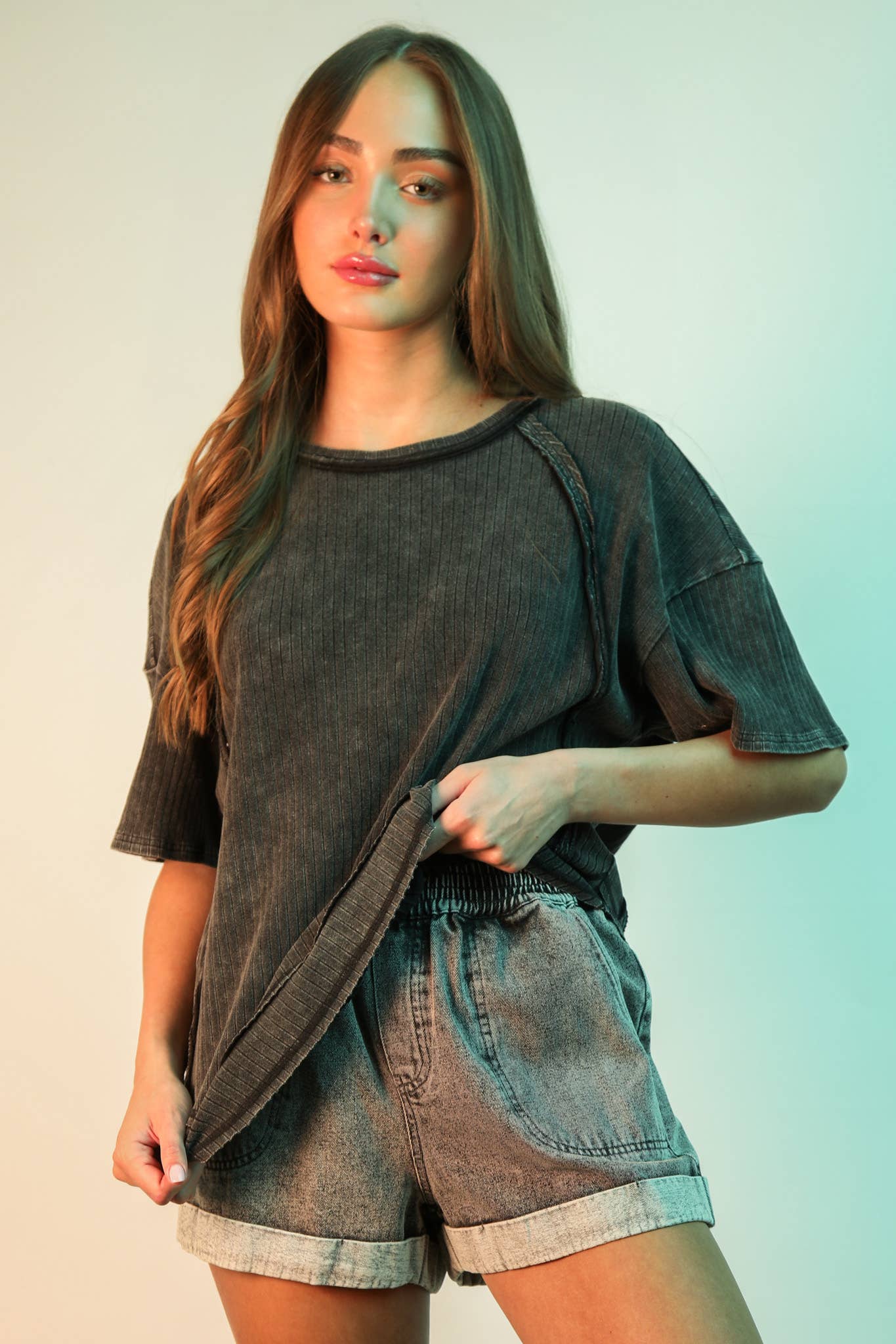 NT12086X-PLUS SIZE Mineral Washed Ribbed Knit Casual Top