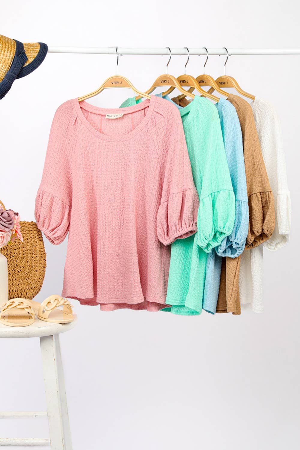 NT11467-Half Puff Sleeve Crinkle Knit Top