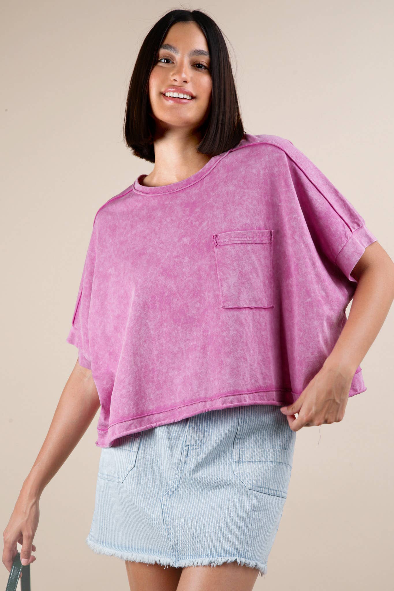 NT11429-Mineral Washed Oversized Crop Comfy Knit Top