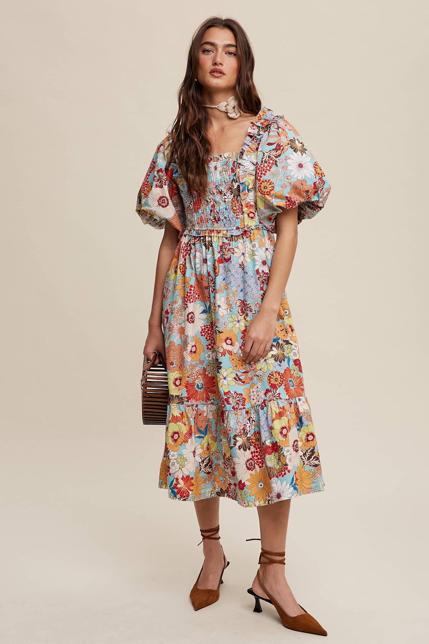 Vintage Flower Print Puff-Sleeve Midi Dress