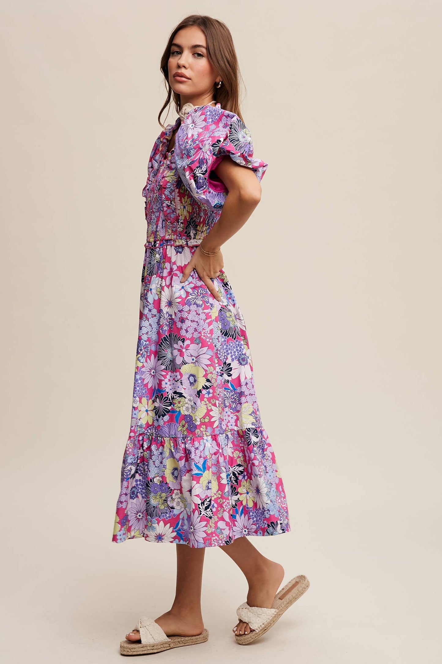 Vintage Flower Print Puff-Sleeve Midi Dress