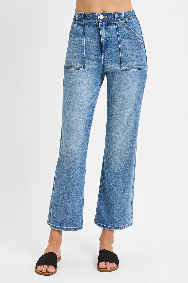 High Rise Medium Wash Ankle Flare Jeans